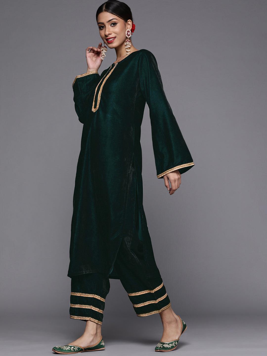 Green Solid Velvet Suit Set - ShopLibas