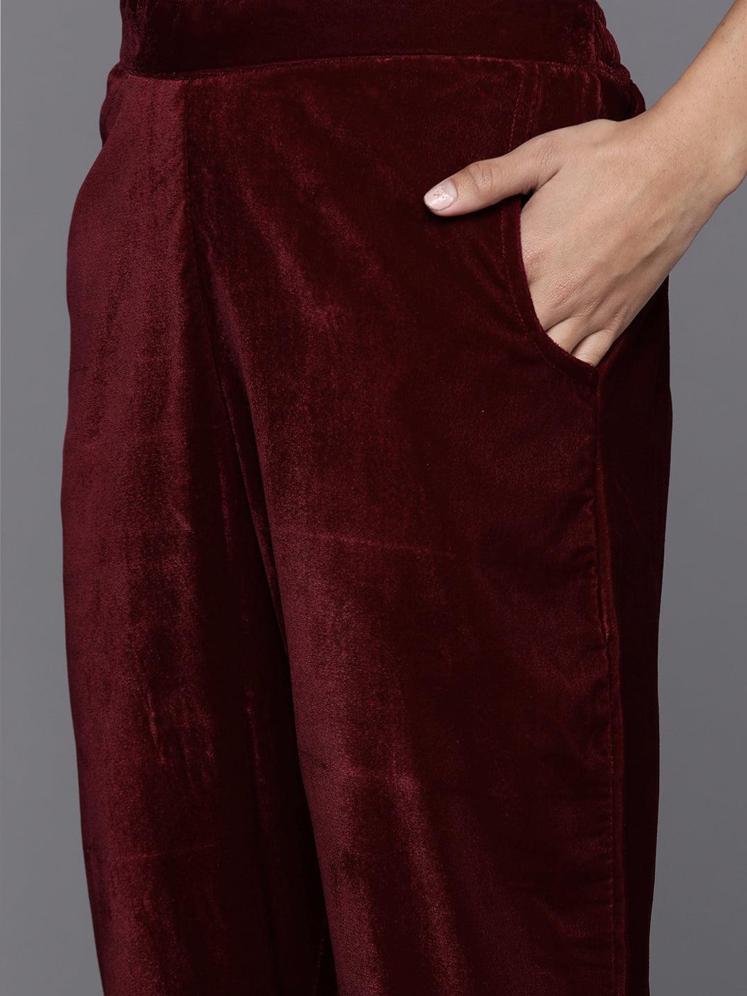 Maroon Solid Velvet Suit Set