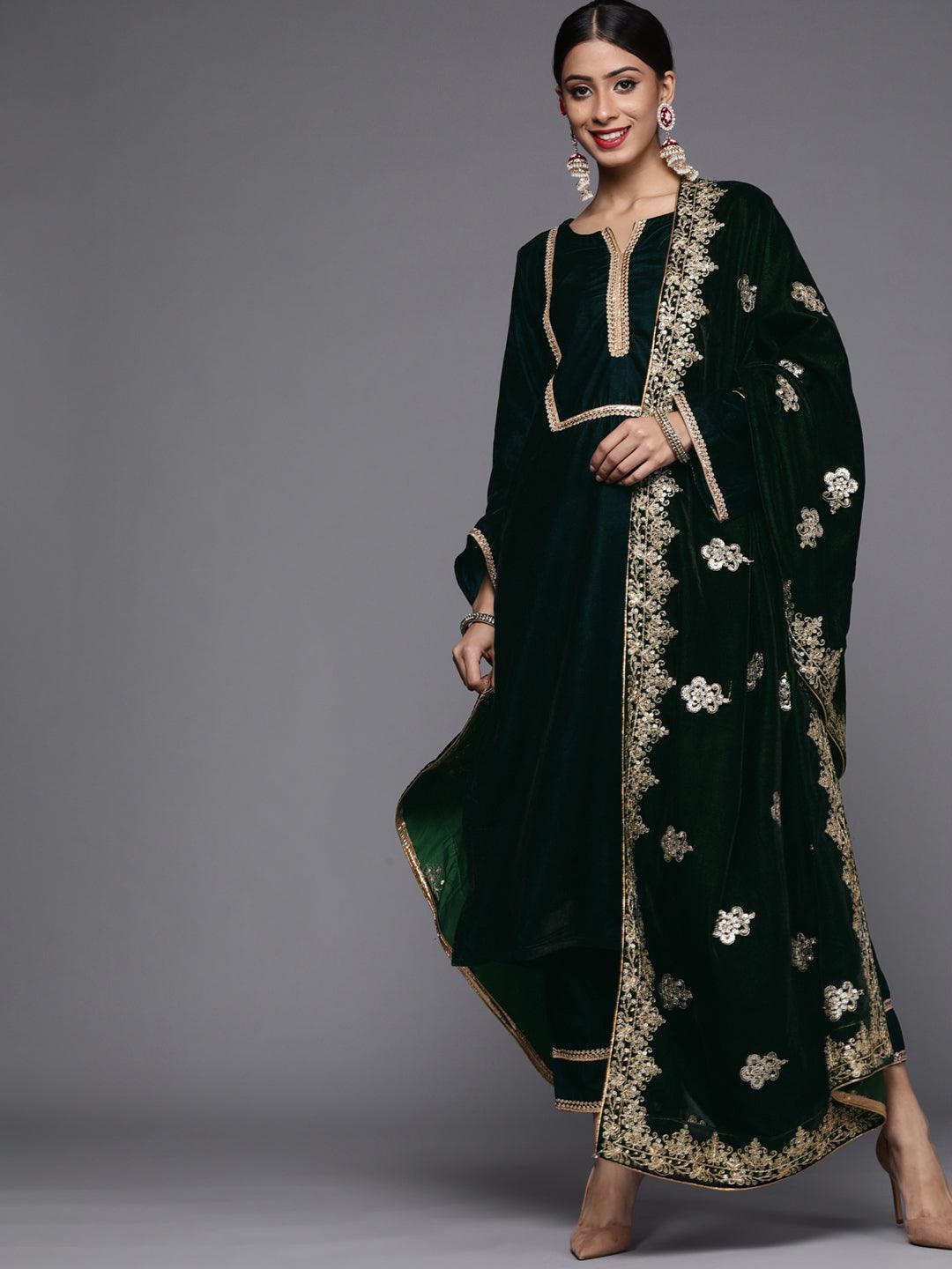 Green Embroidered Velvet Suit Set