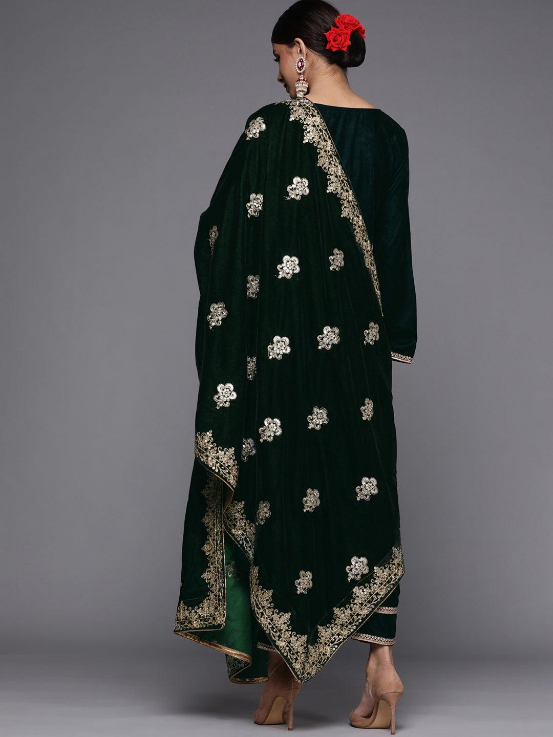 Green Embroidered Velvet Suit Set