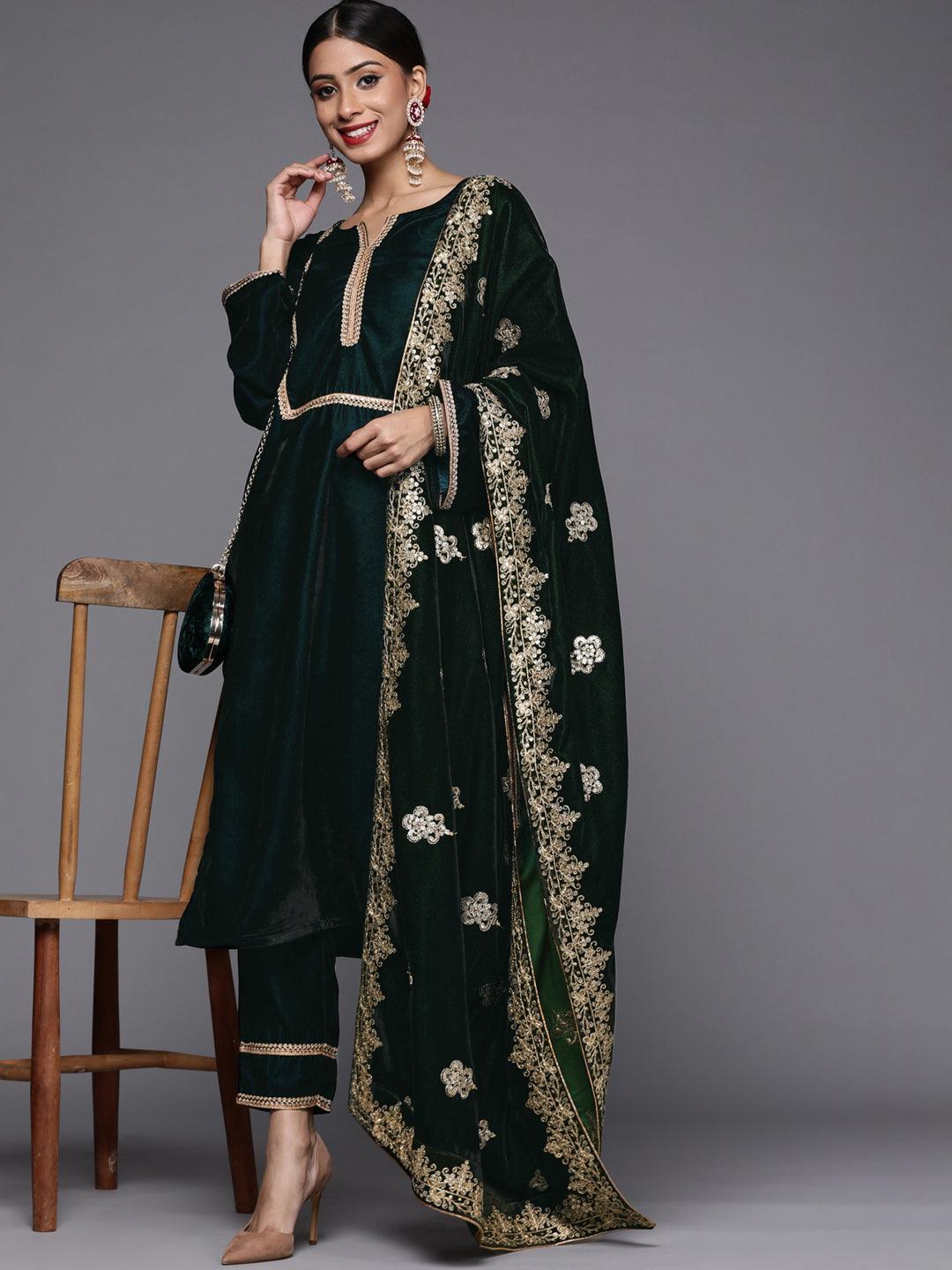 Green Embroidered Velvet Suit Set