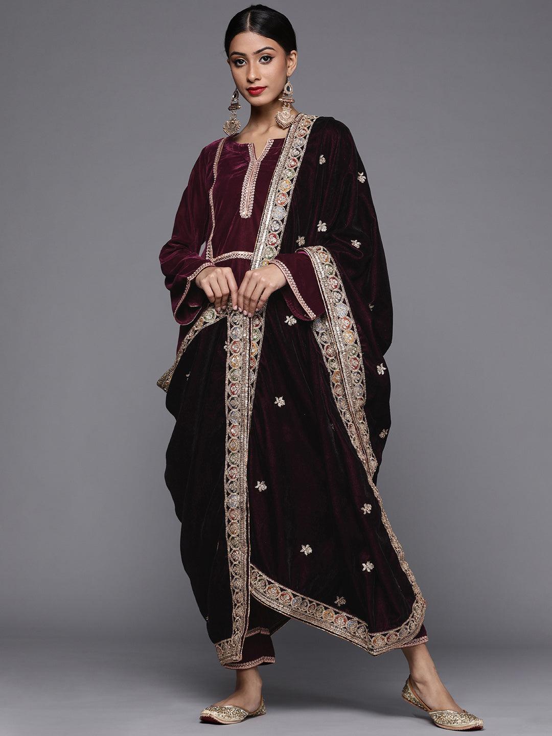 Purple Embroidered Velvet Suit Set - ShopLibas