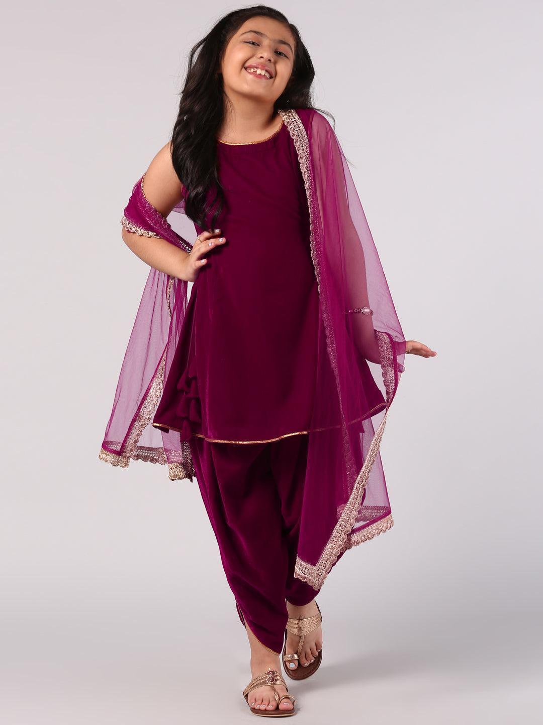 Magenta Solid Velvet Suit Set - ShopLibas