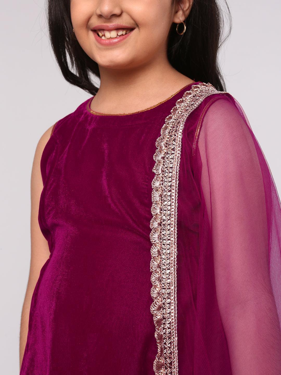 Kids Magenta Solid Velvet Suit Set