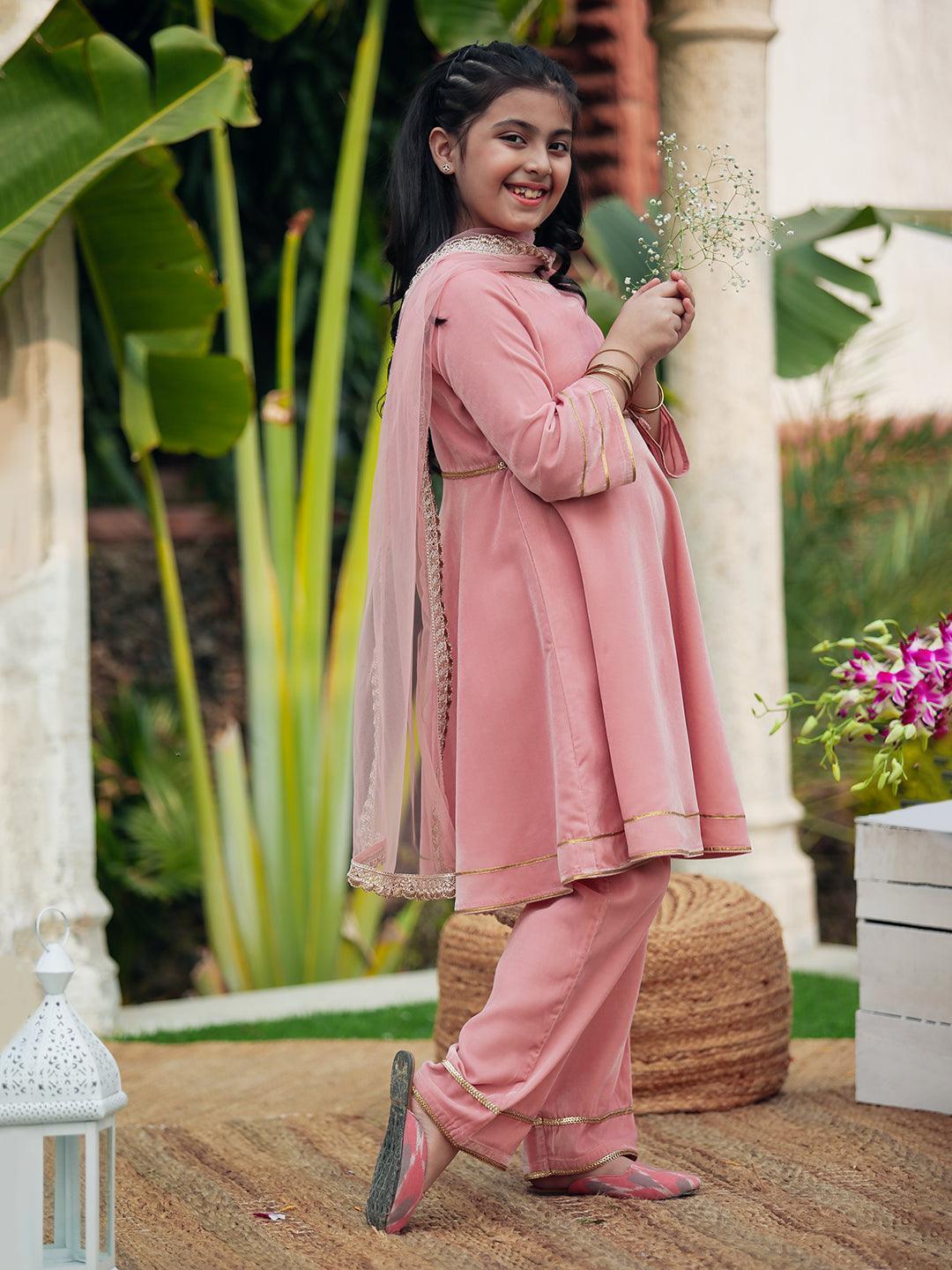 Kids Pink Solid Velvet Suit Set