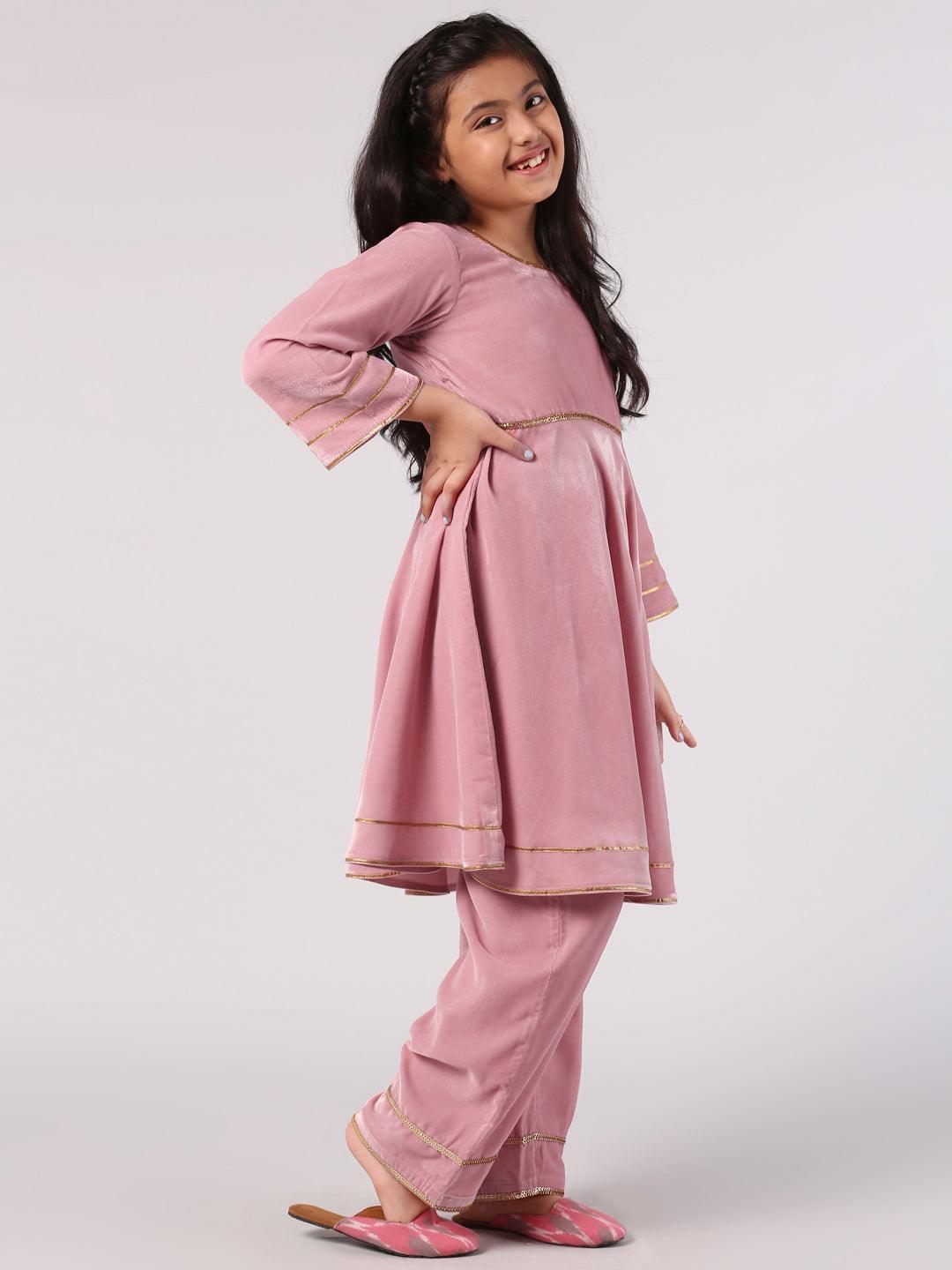 Kids Pink Solid Velvet Suit Set