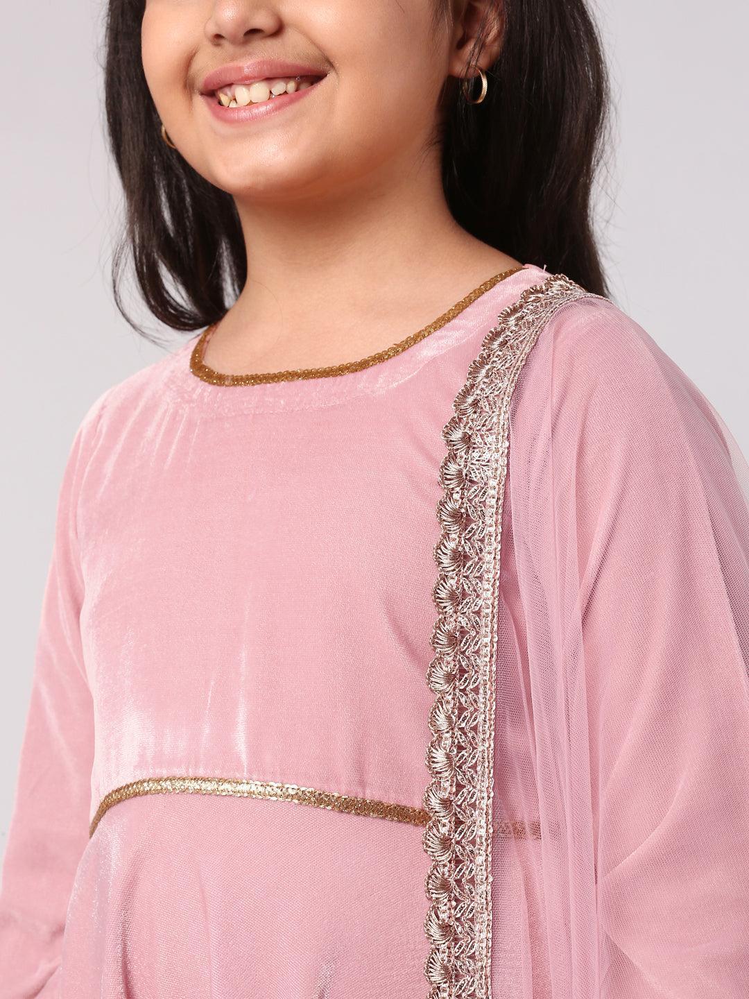 Kids Pink Solid Velvet Suit Set