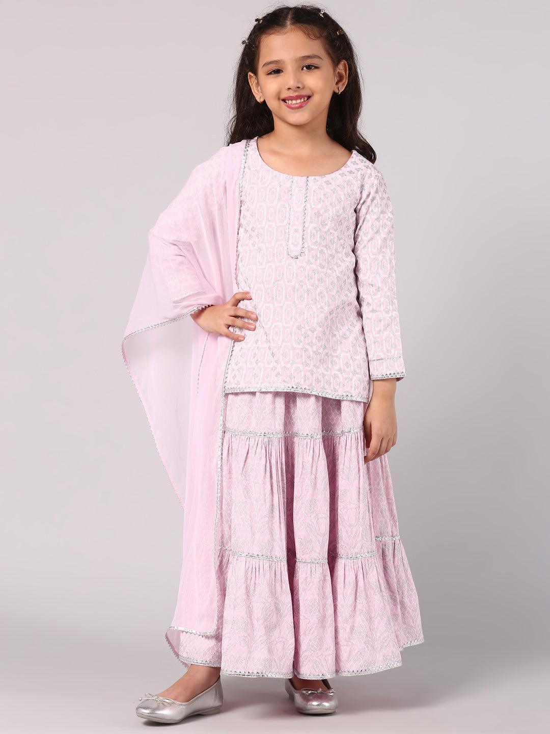 Kids Pink Printed Cotton Suit Set