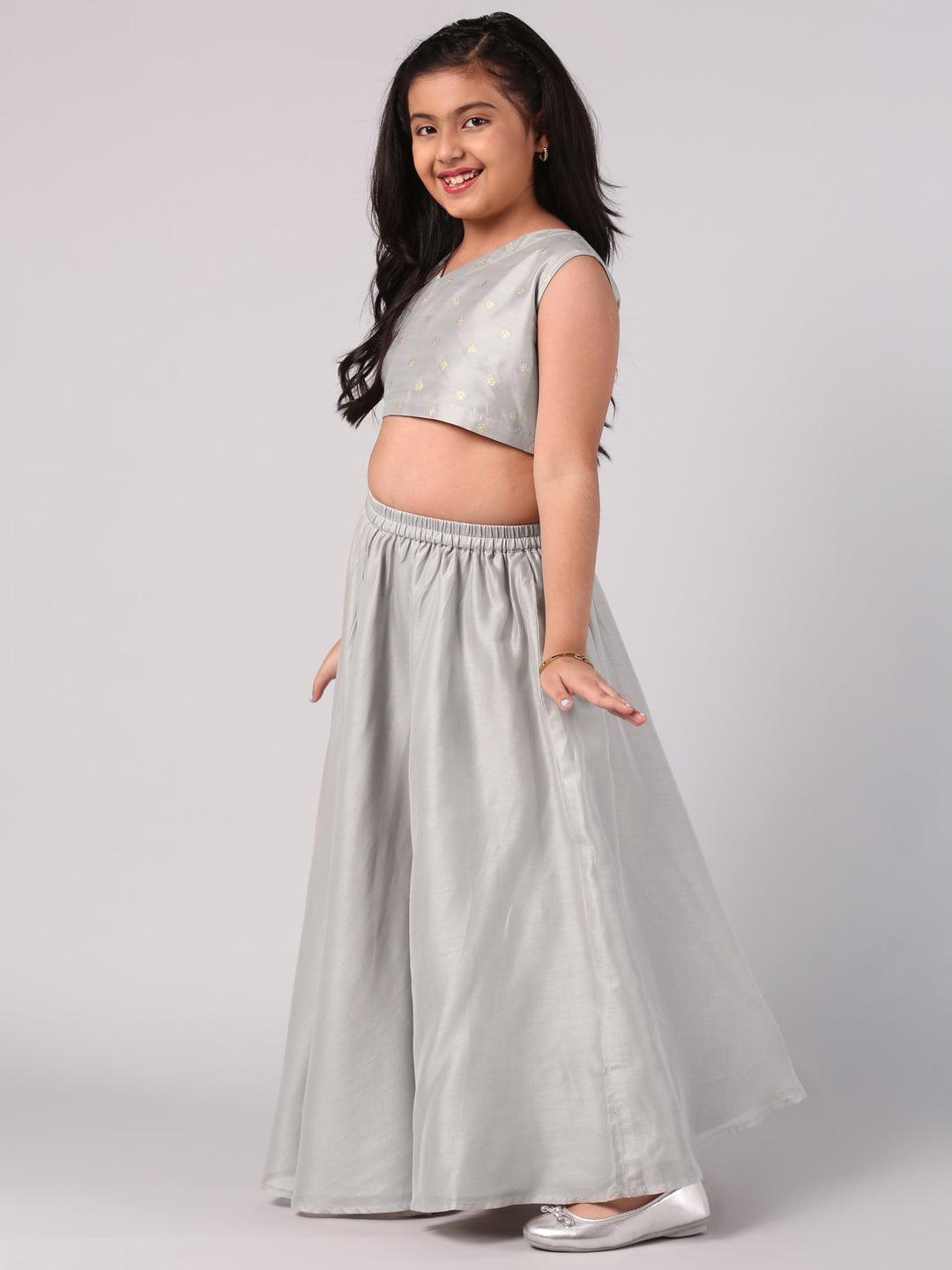 Kids Grey Woven Design Silk Blend Lehenga Set