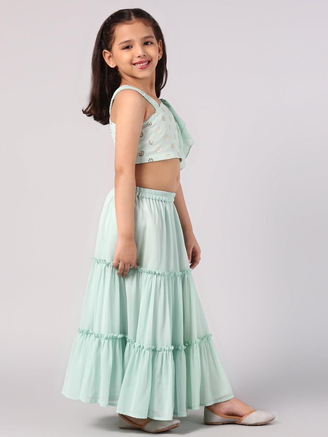 Kids Turquoise Blue Woven Design Georgette Lehenga Set