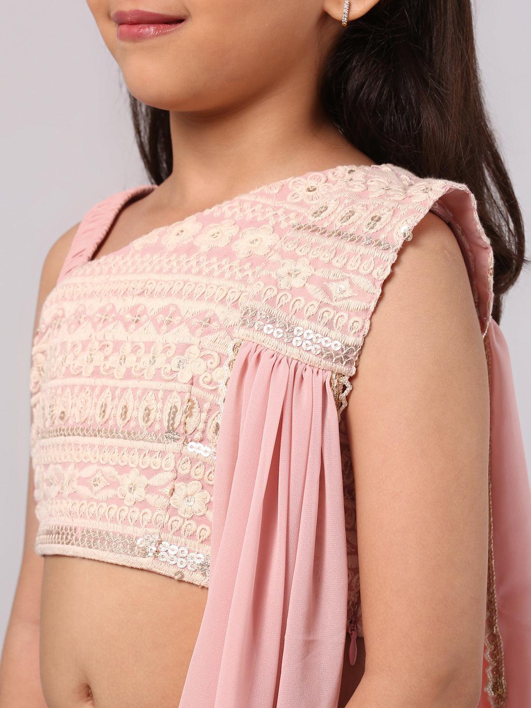 Kids Pink Embroidered Georgette Lehenga Set