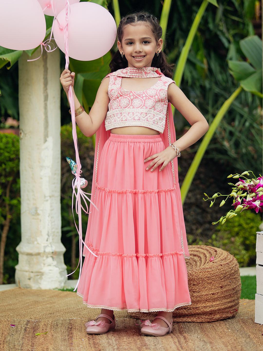 Kids Pink Embroidered Georgette Lehenga Set