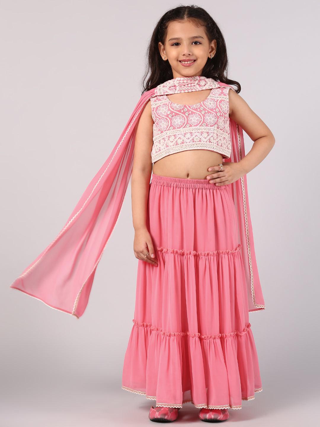 Kids Pink Embroidered Georgette Lehenga Set