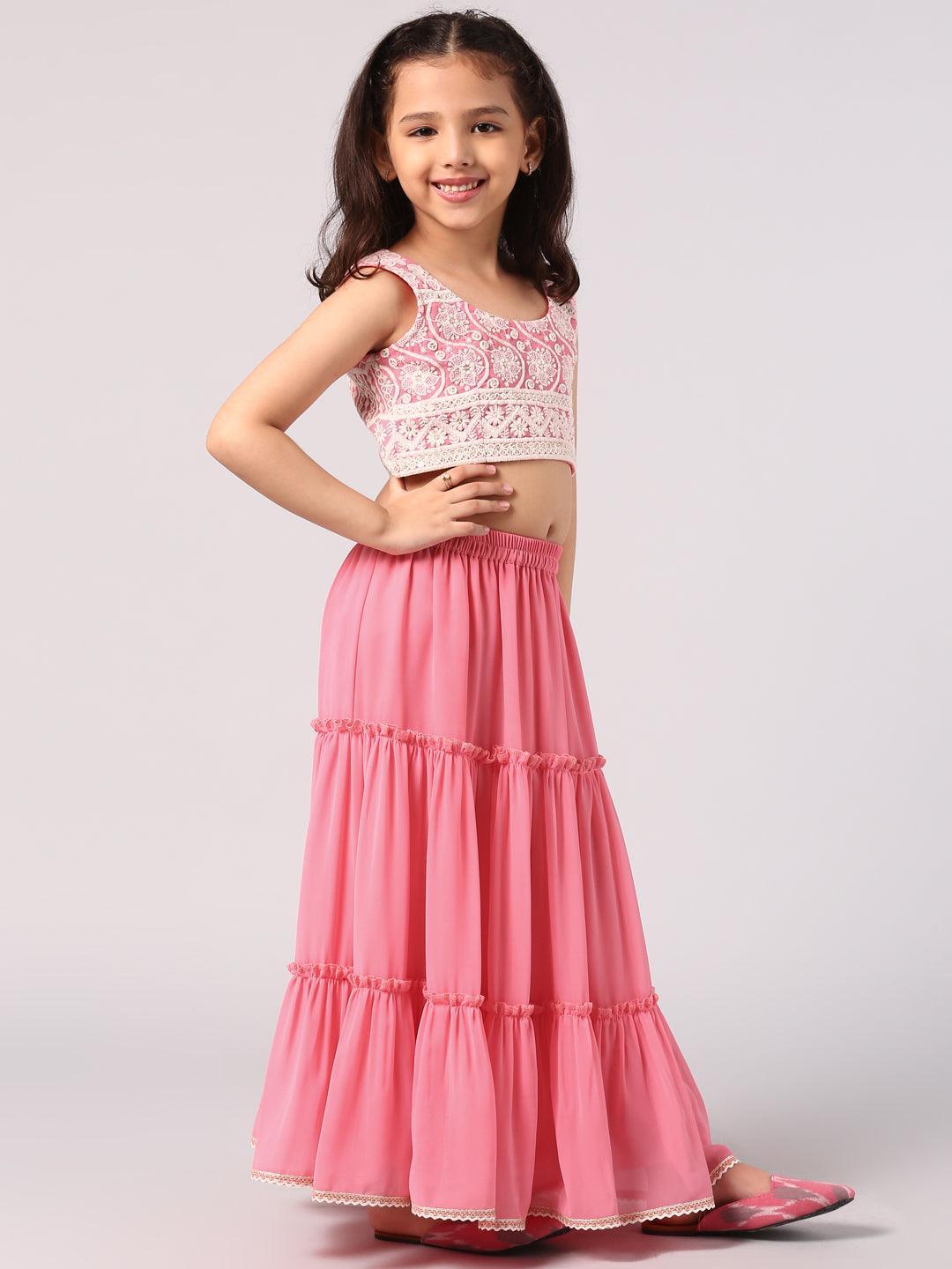 Kids Pink Embroidered Georgette Lehenga Set