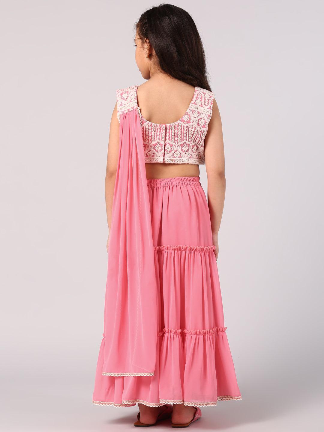 Kids Pink Embroidered Georgette Lehenga Set