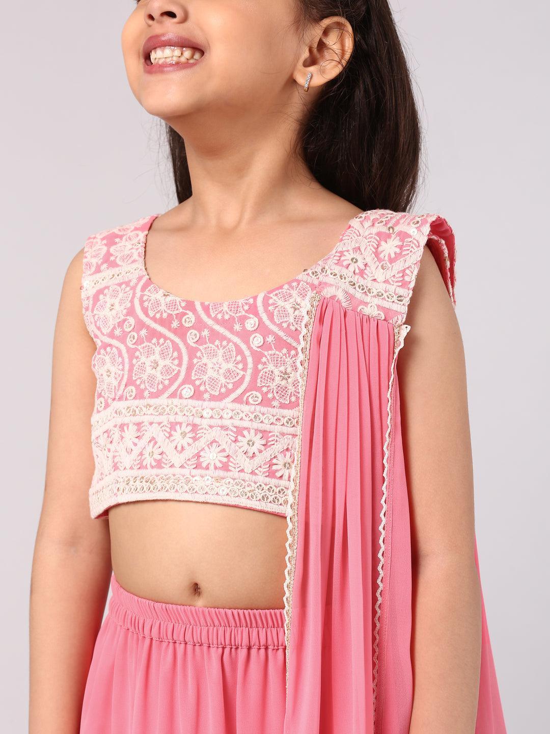 Kids Pink Embroidered Georgette Lehenga Set