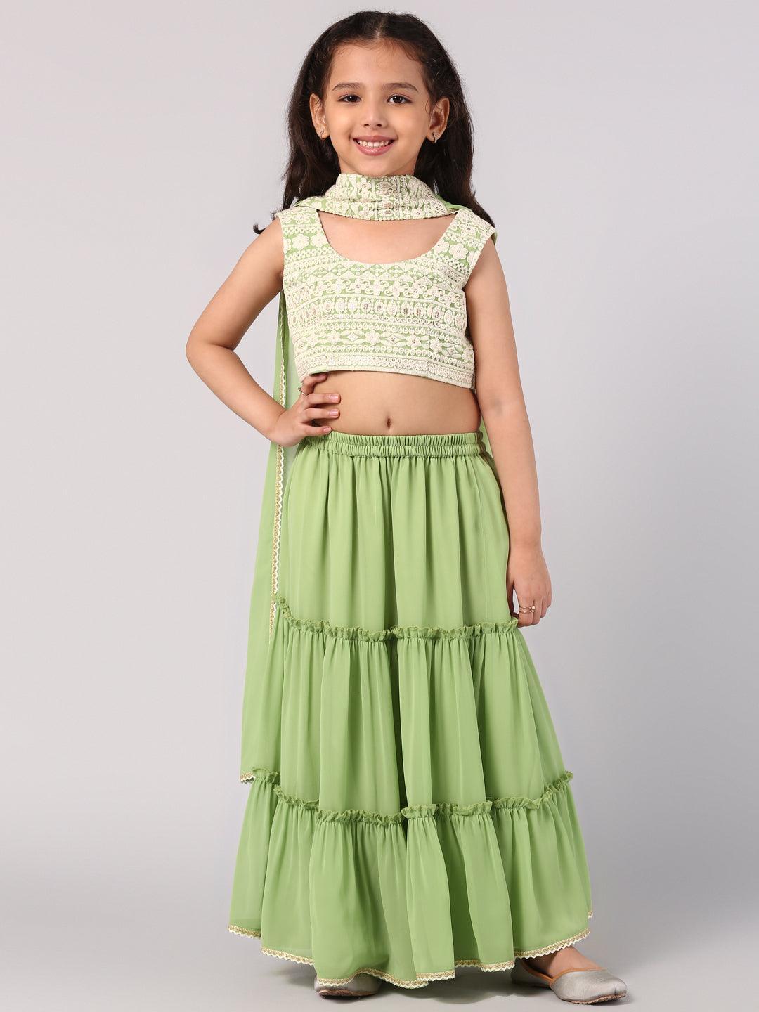 Kids Green Embroidered Georgette Lehenga Set