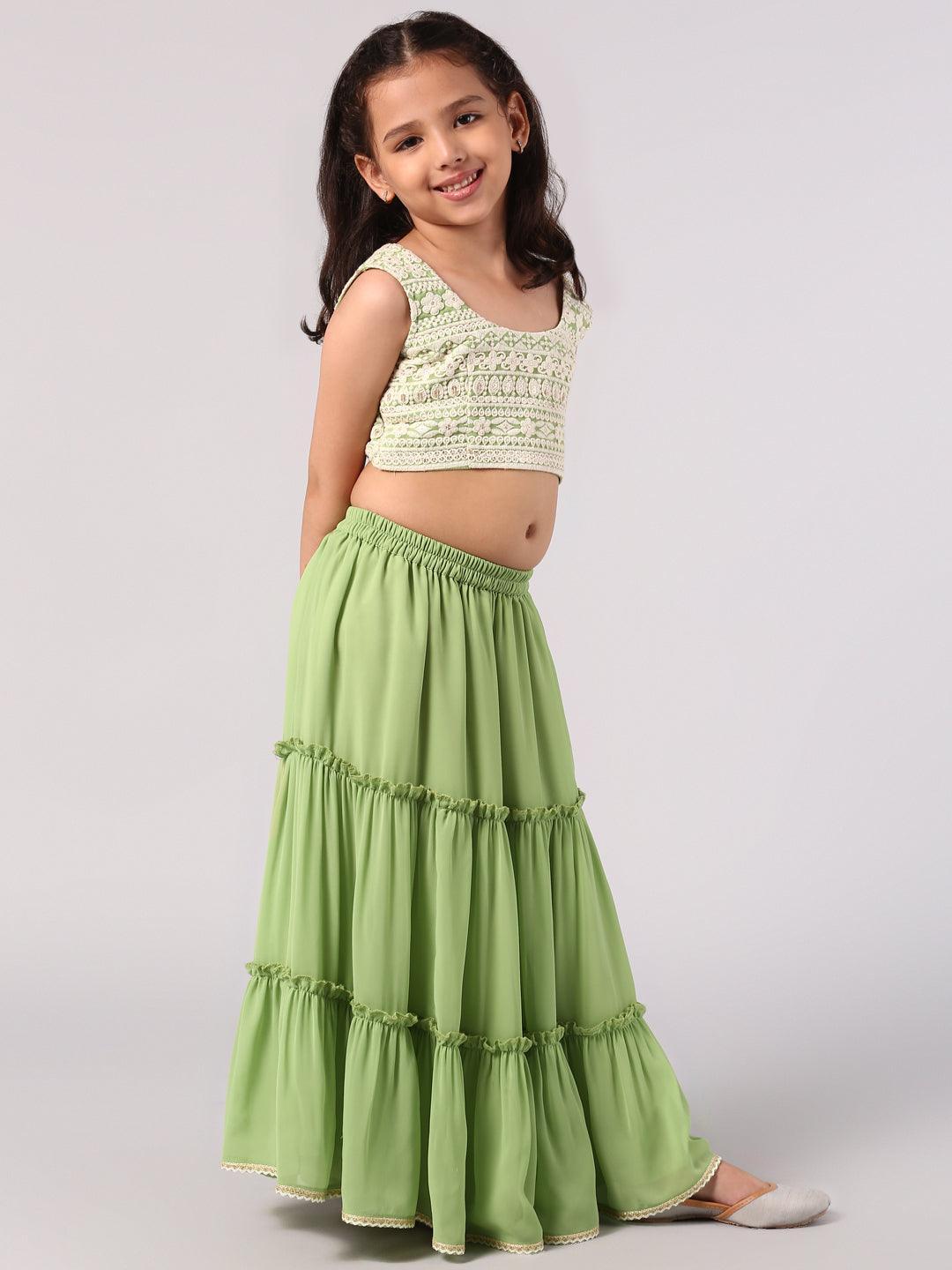 Kids Green Embroidered Georgette Lehenga Set