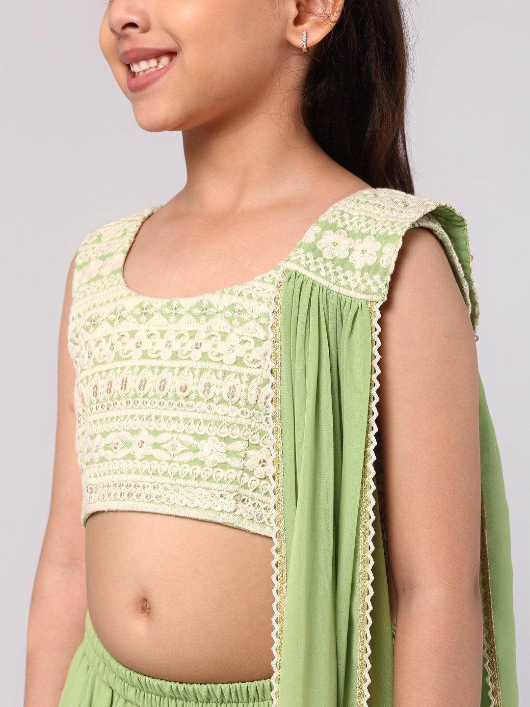 Kids Green Embroidered Georgette Lehenga Set