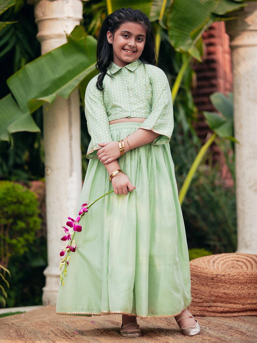 Kids Green Woven Silk Blend Lehenga Set