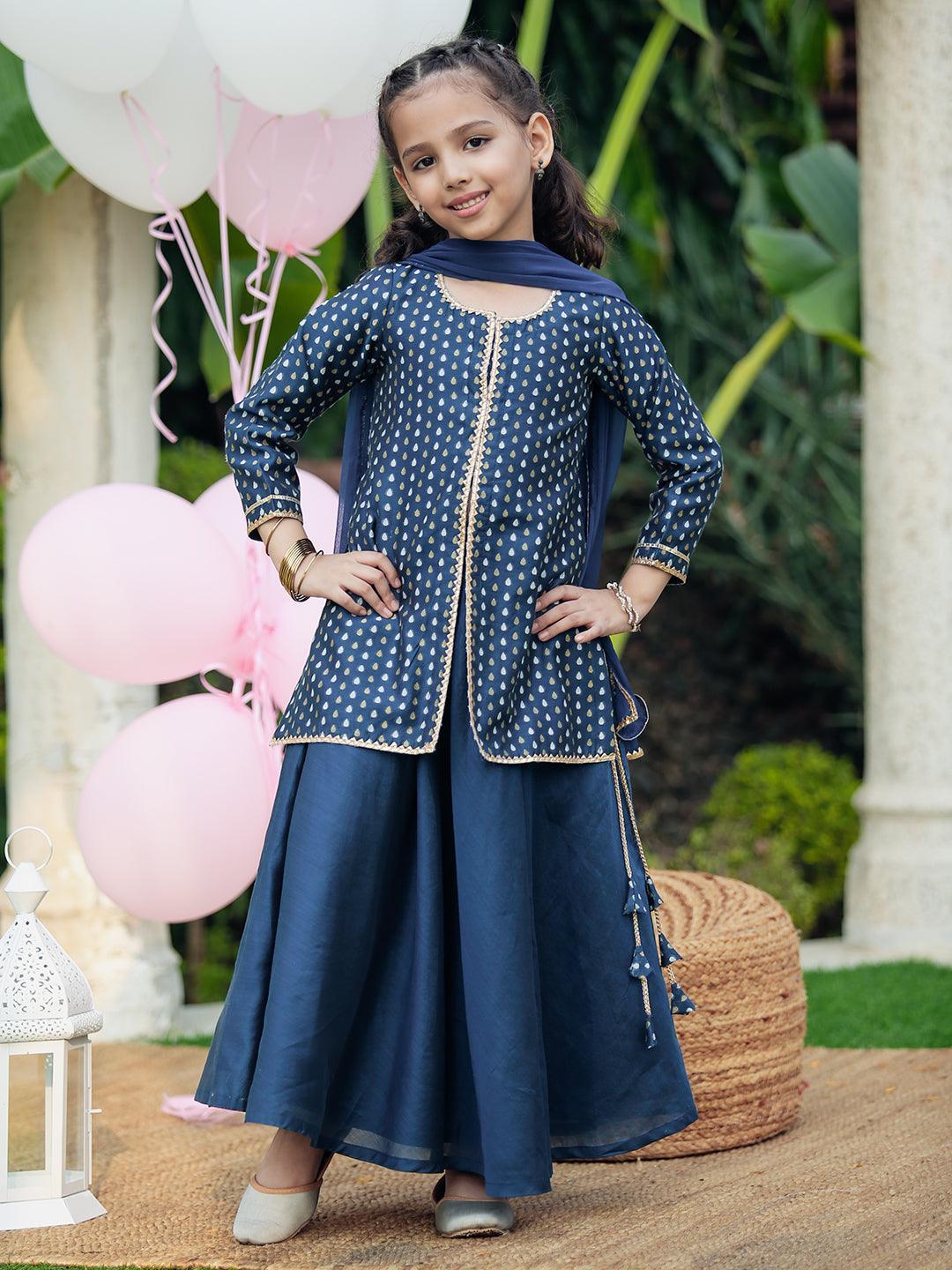 Kids Blue Self Design Chanderi Silk Suit Set