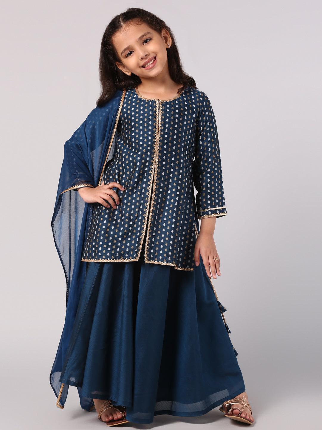 Kids Blue Self Design Chanderi Silk Suit Set