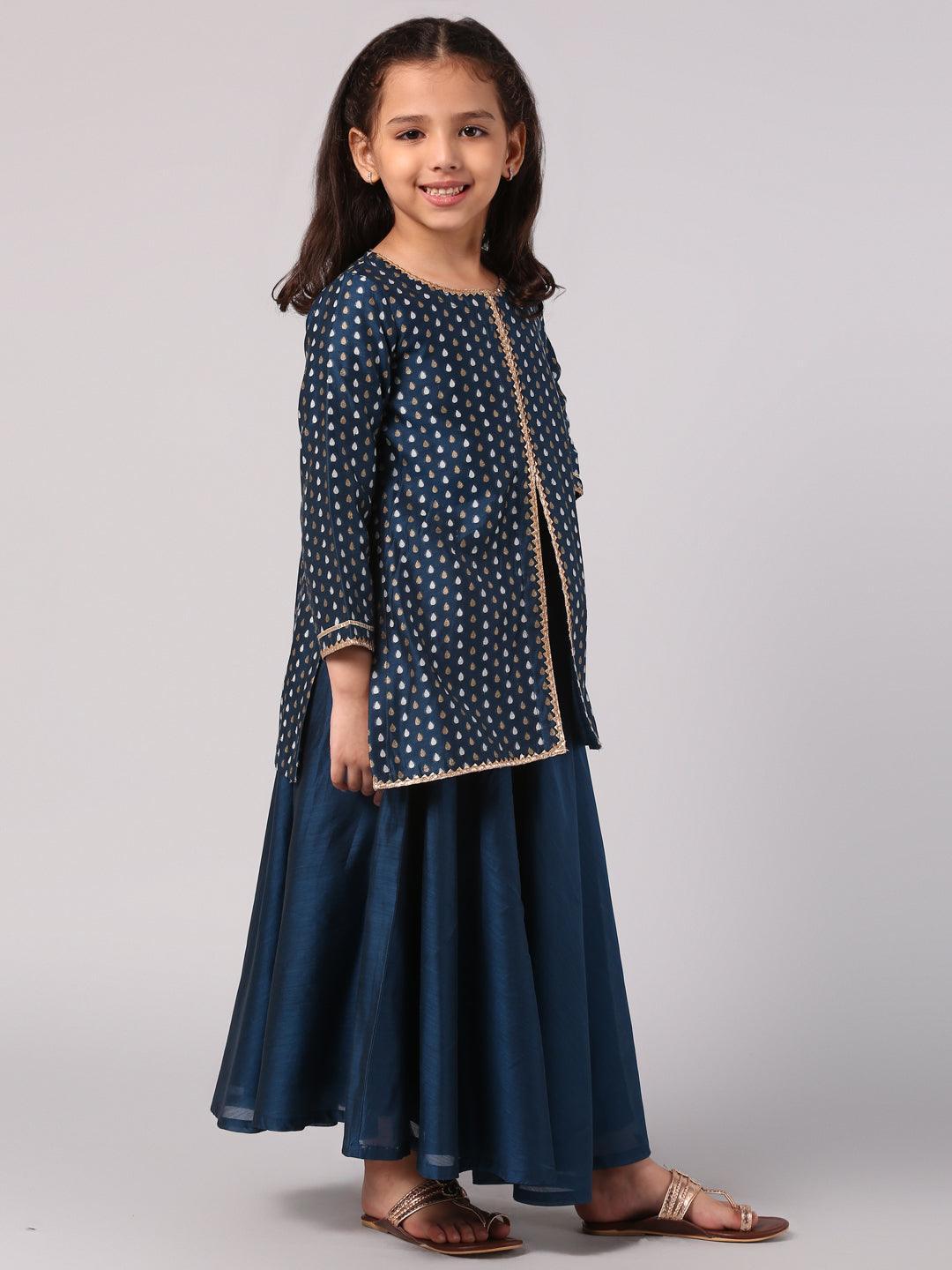 Kids Blue Self Design Chanderi Silk Suit Set