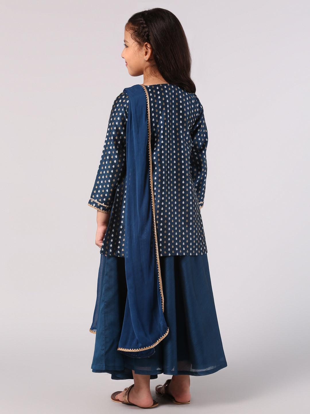 Kids Blue Self Design Chanderi Silk Suit Set