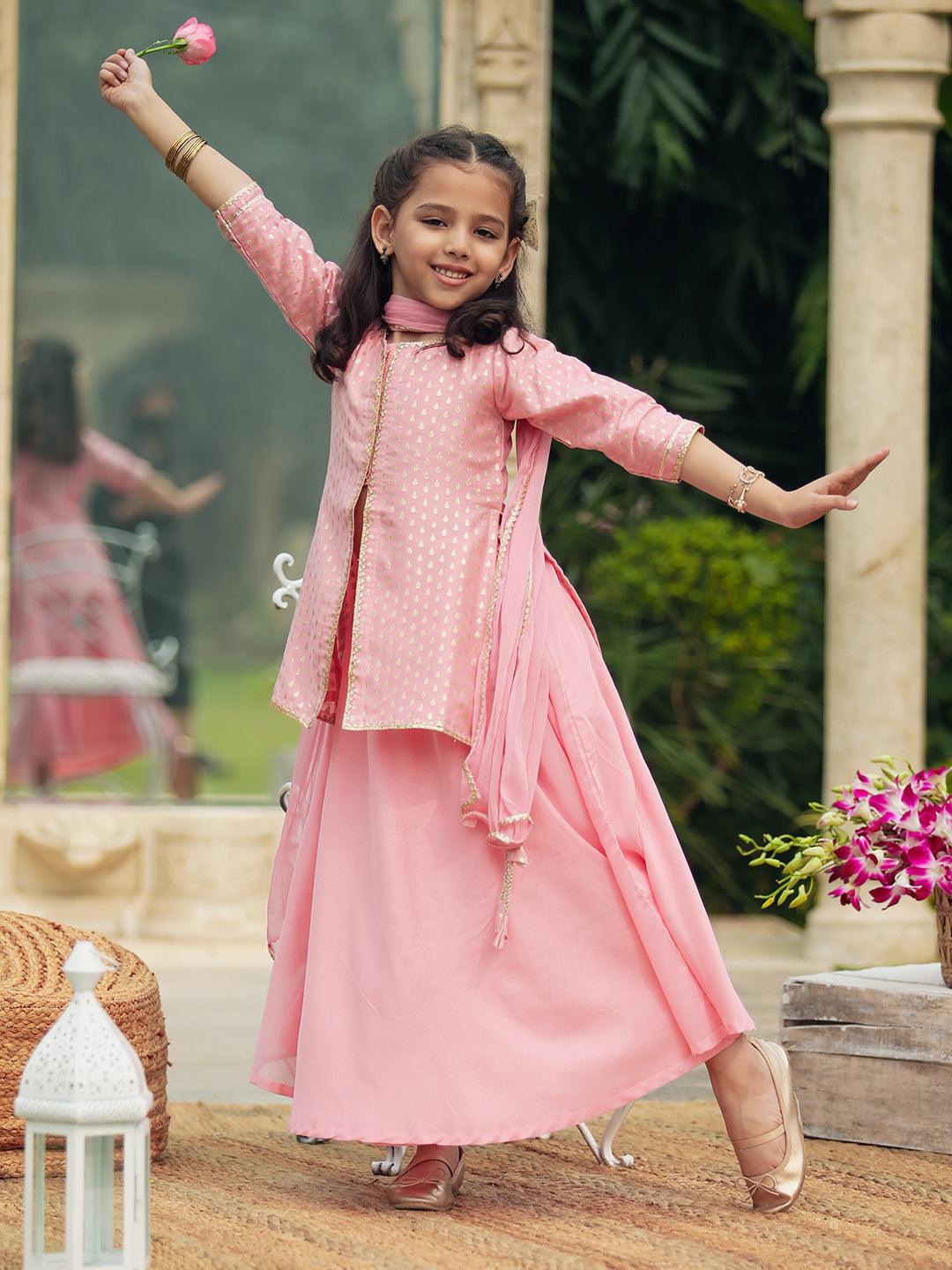 Kids Pink Self Design Chanderi Silk Suit Set