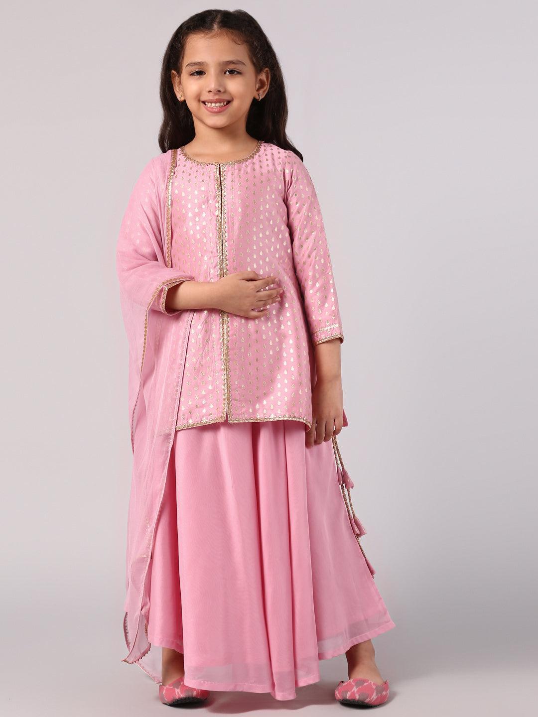 Kids Pink Self Design Chanderi Silk Suit Set