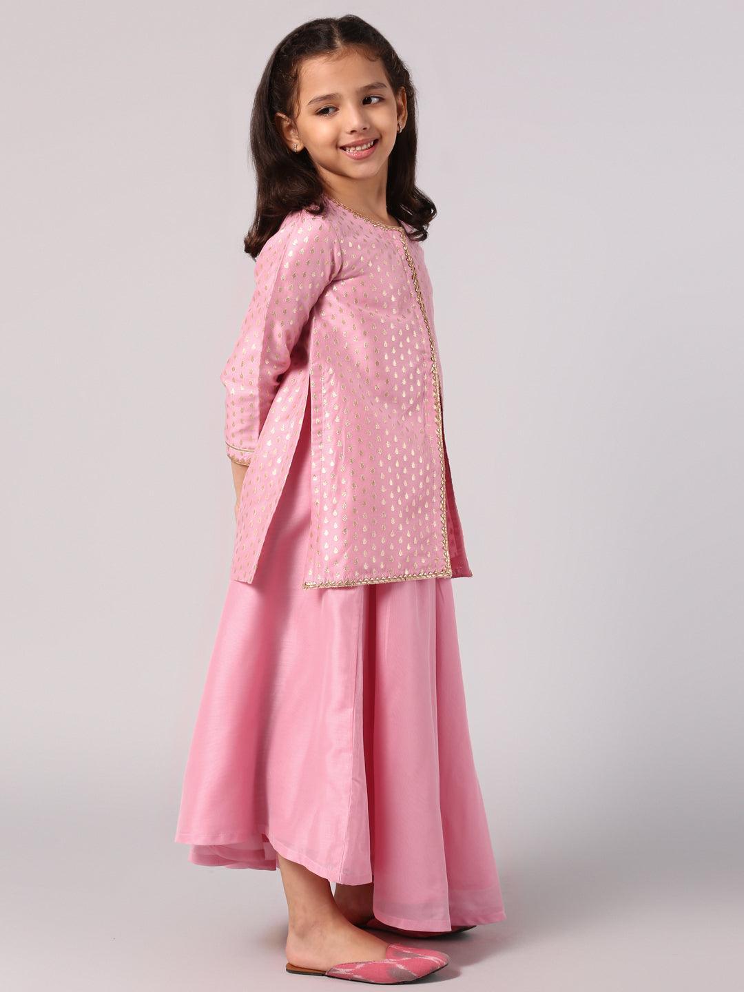 Kids Pink Self Design Chanderi Silk Suit Set