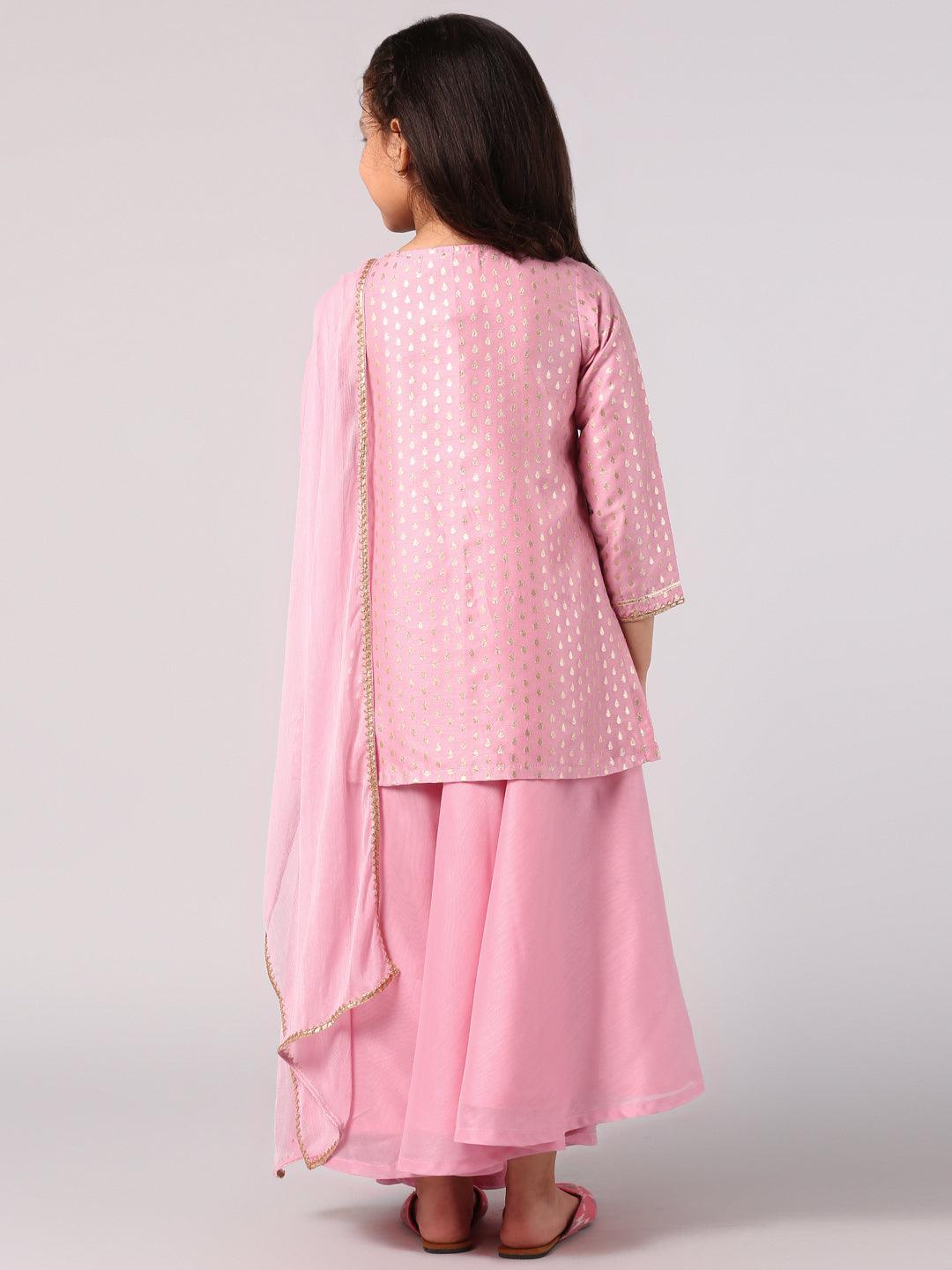 Kids Pink Self Design Chanderi Silk Suit Set