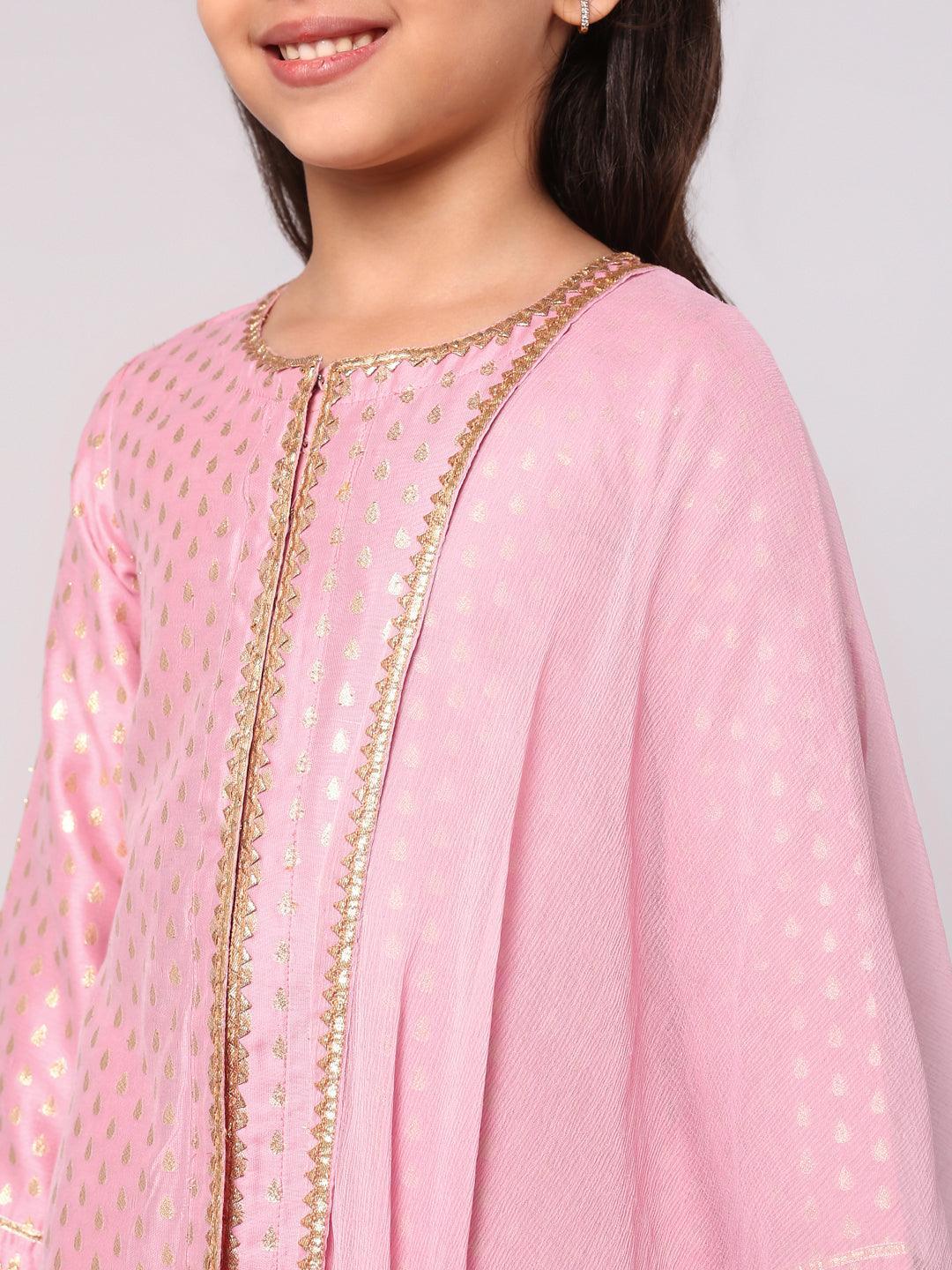 Kids Pink Self Design Chanderi Silk Suit Set