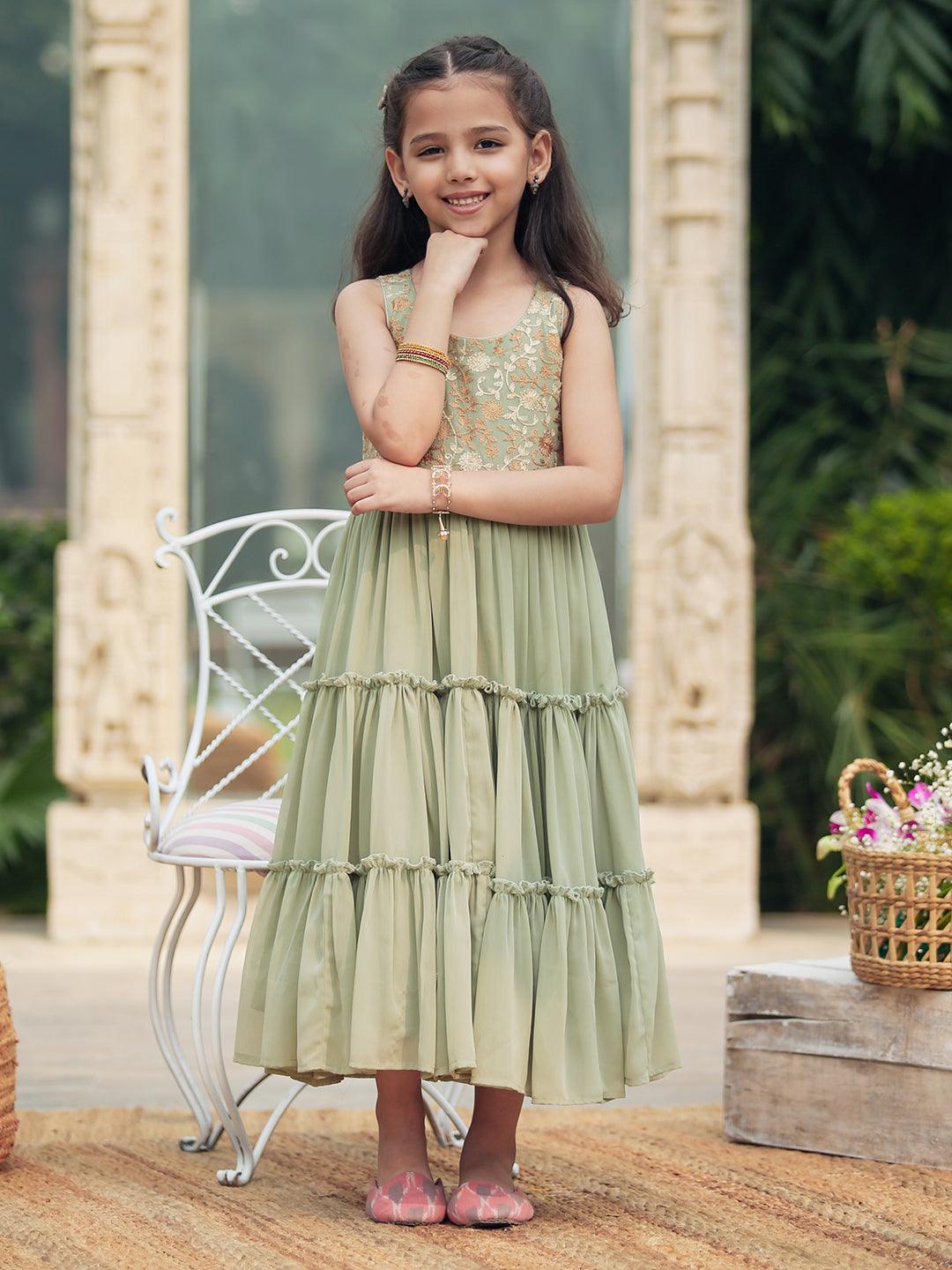 Kids Green Embroidered Georgette Dress