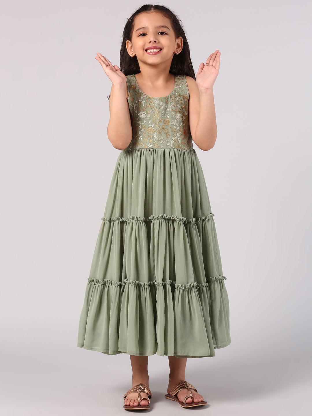 Kids Green Embroidered Georgette Dress