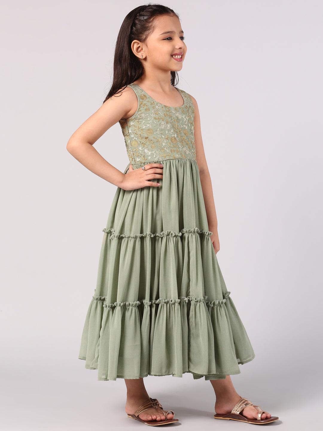 Kids Green Embroidered Georgette Dress