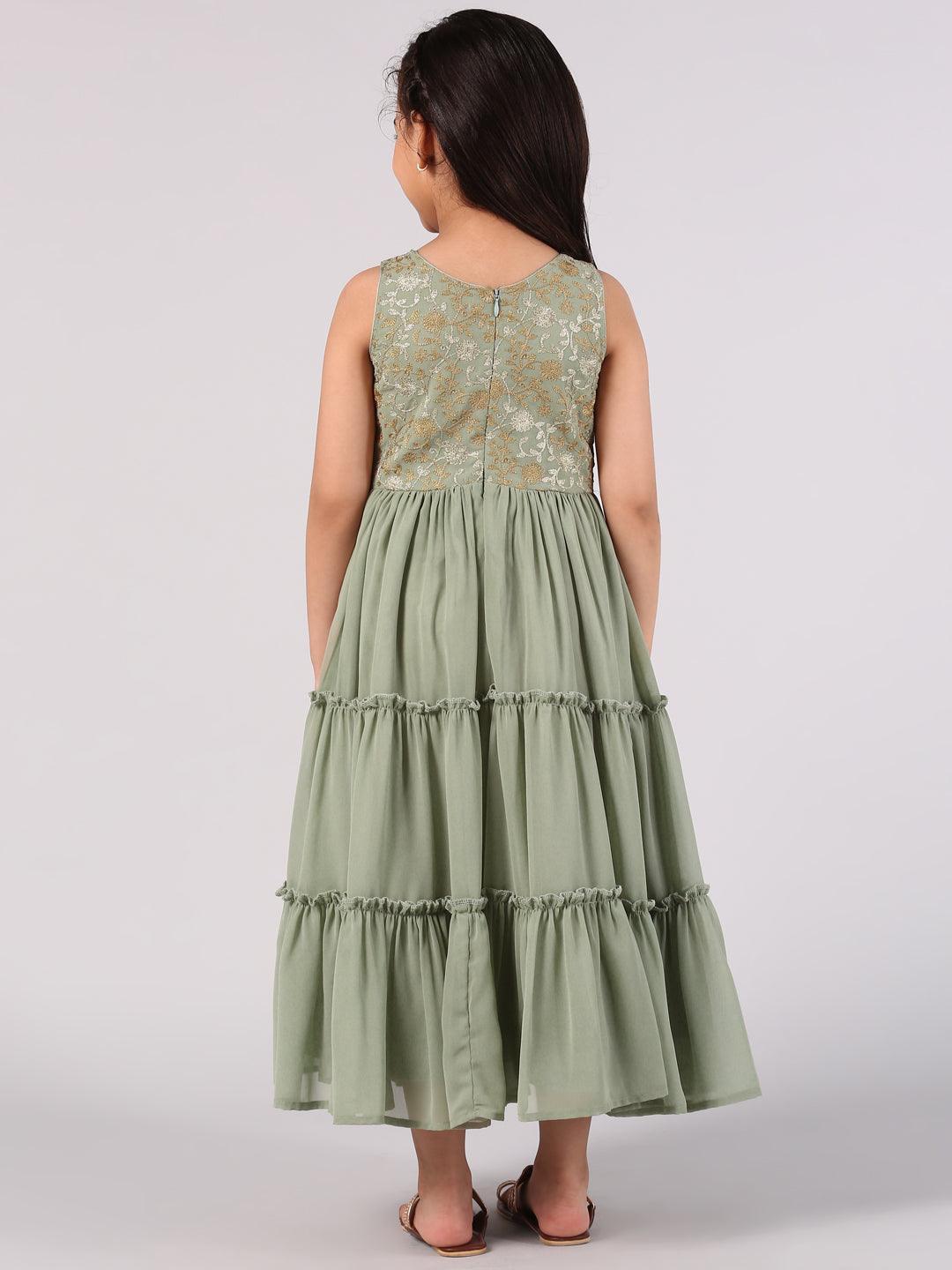 Kids Green Embroidered Georgette Dress