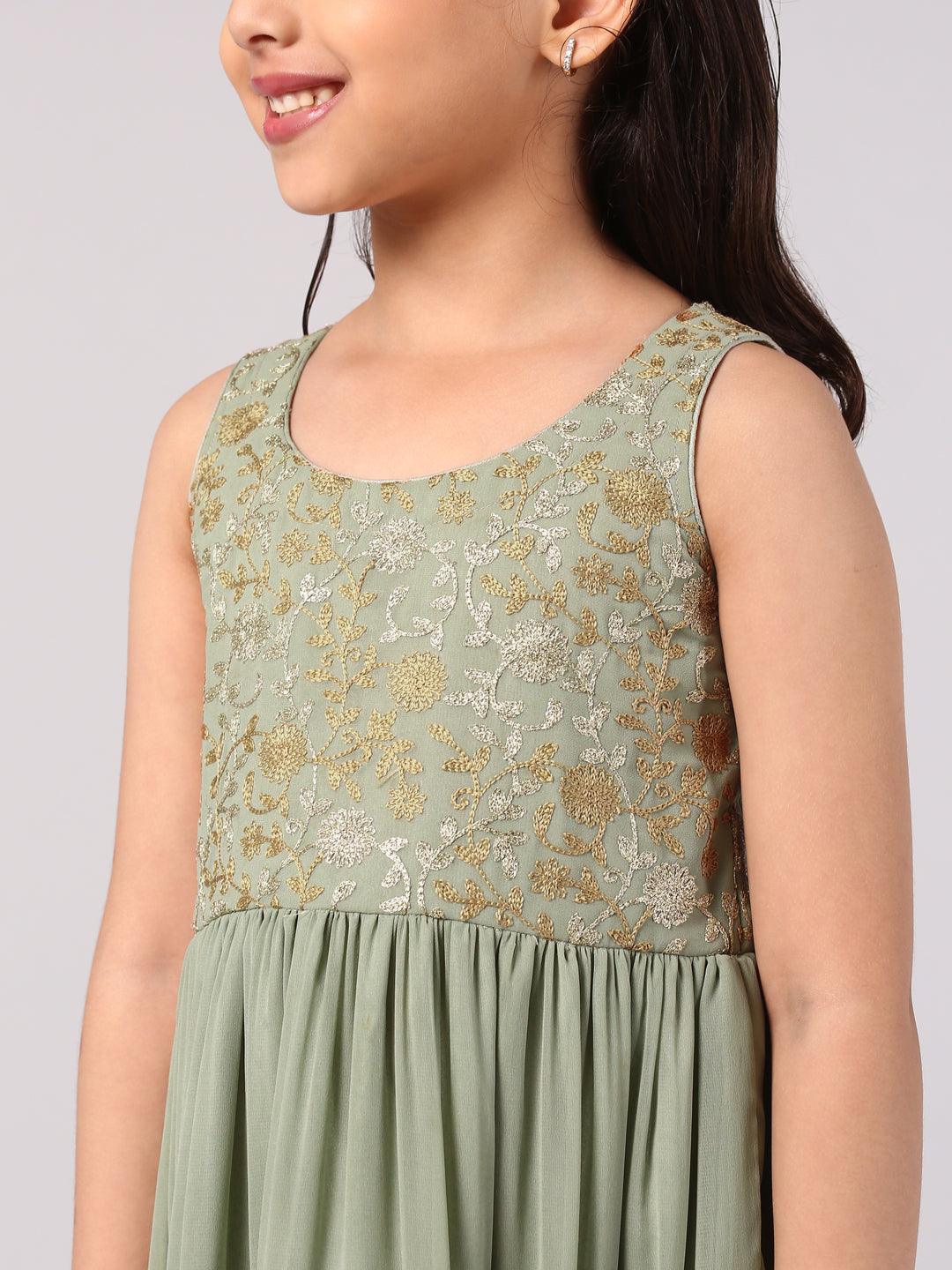 Kids Green Embroidered Georgette Dress