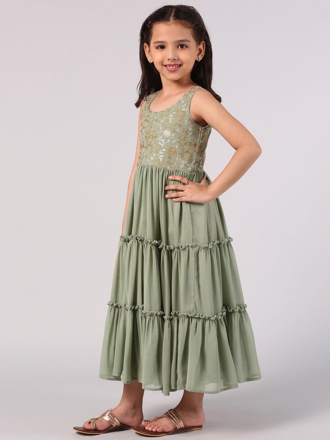 Kids Green Embroidered Georgette Dress