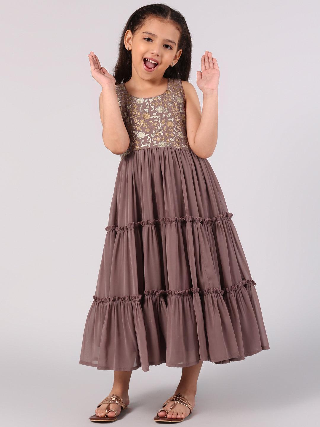 Kids Purple Embroidered Georgette Dress