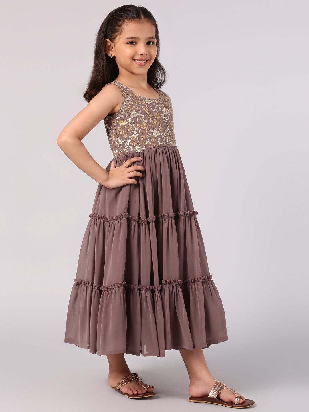 Kids Purple Embroidered Georgette Dress