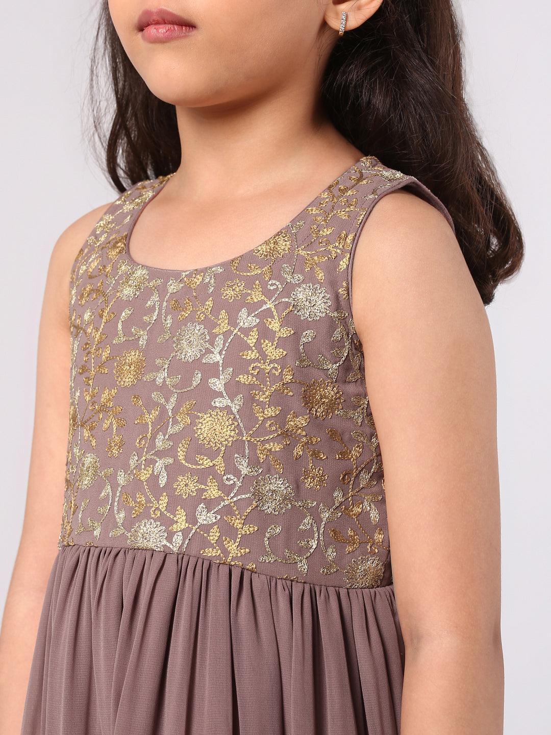 Kids Purple Embroidered Georgette Dress