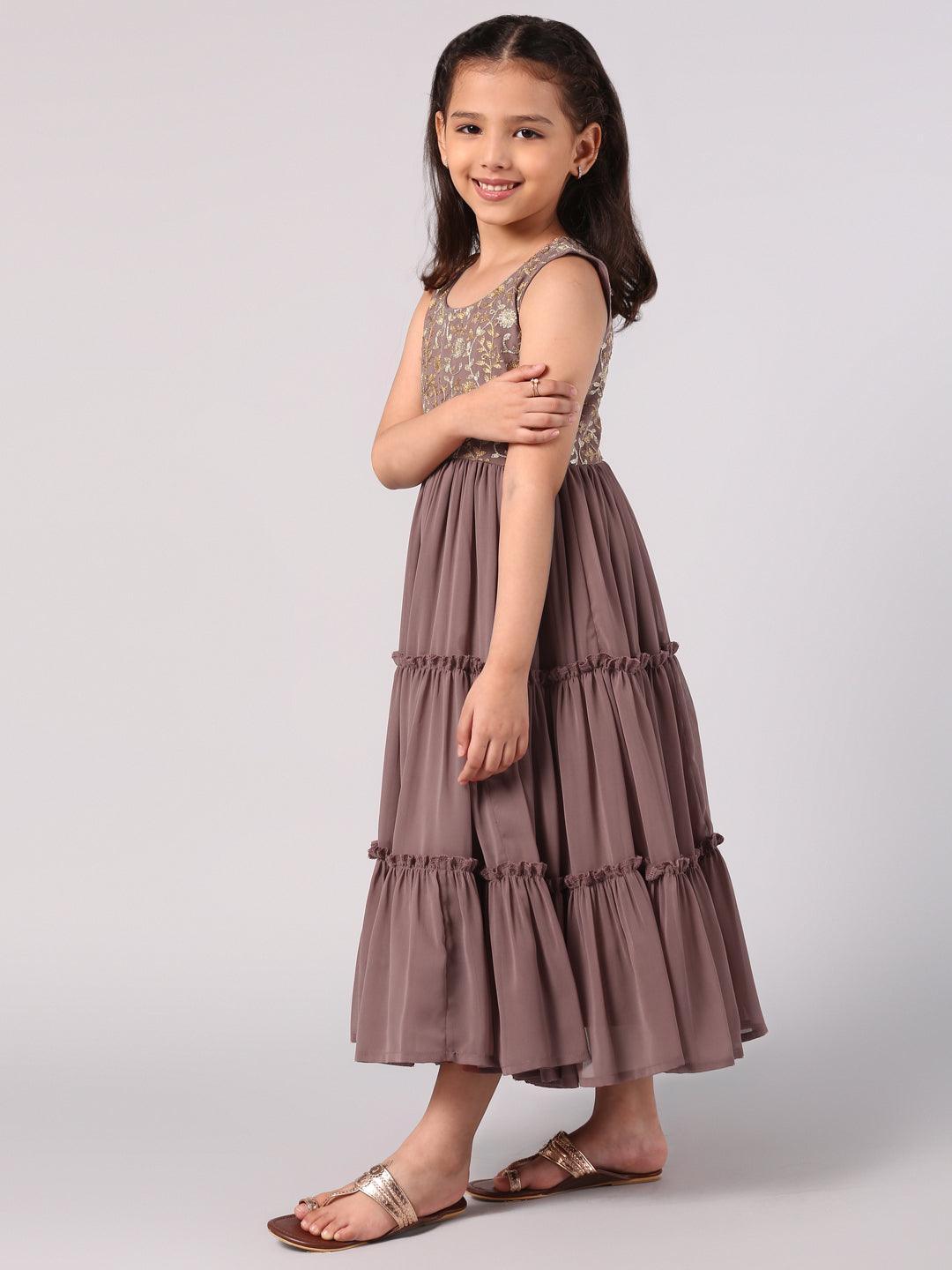 Kids Purple Embroidered Georgette Dress