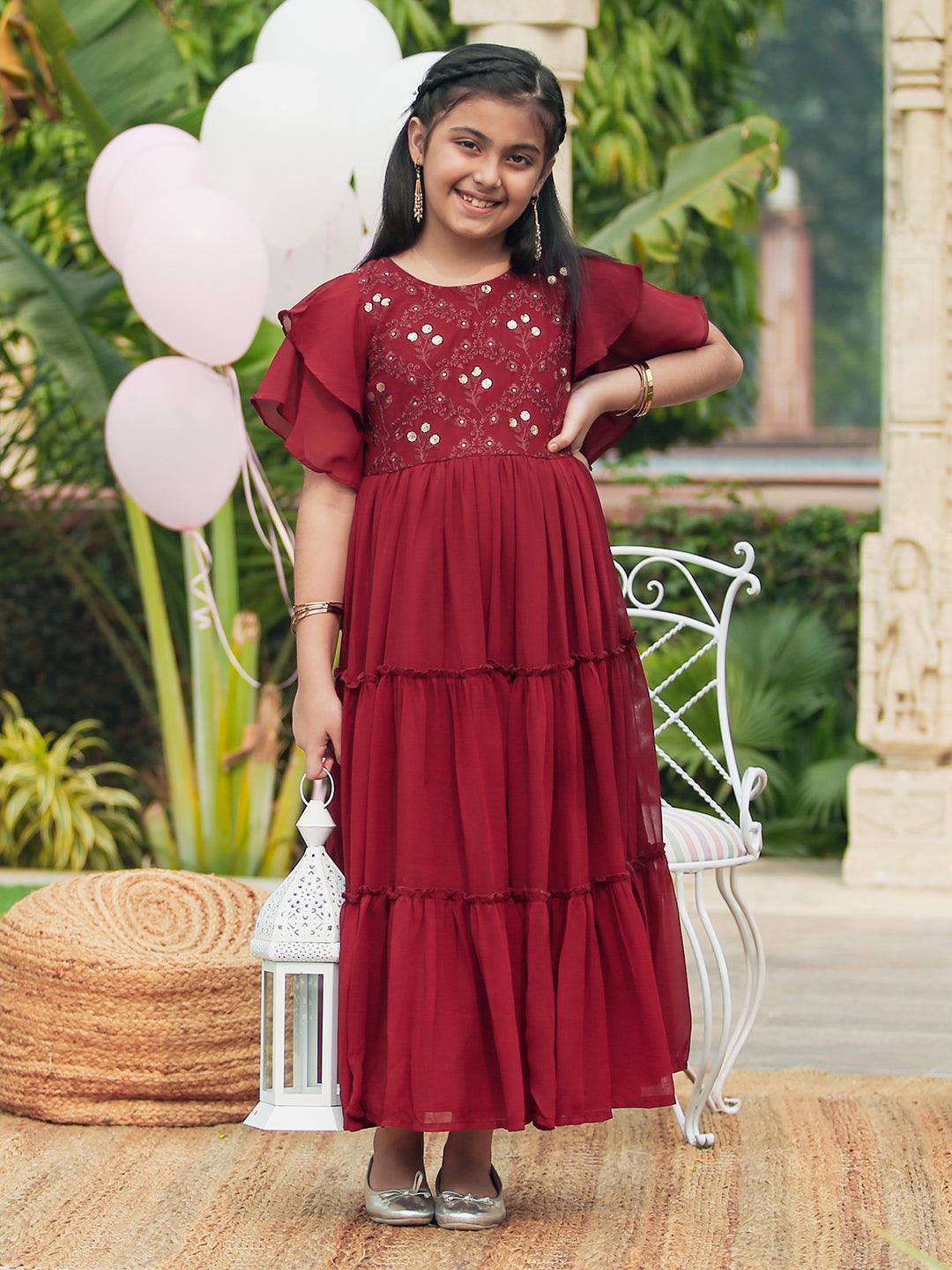 Kids Maroon Embellished Georgette Dress