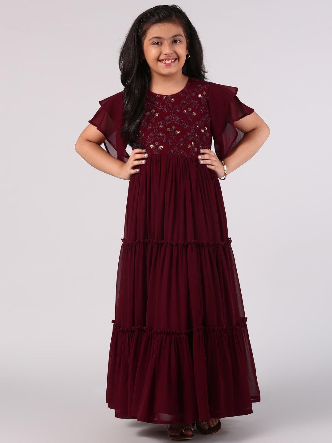 Kids Maroon Embellished Georgette Dress