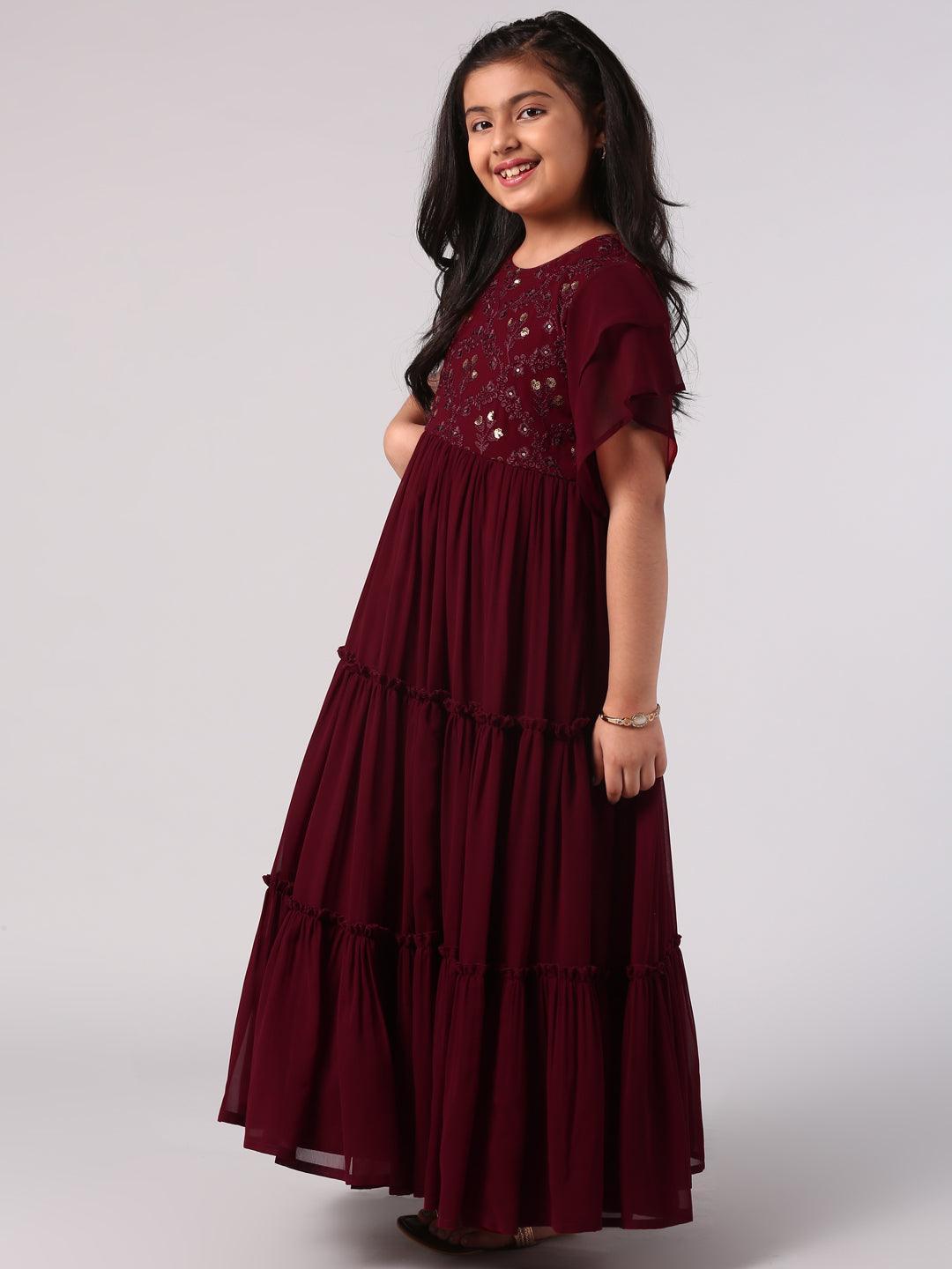 Kids Maroon Embellished Georgette Dress