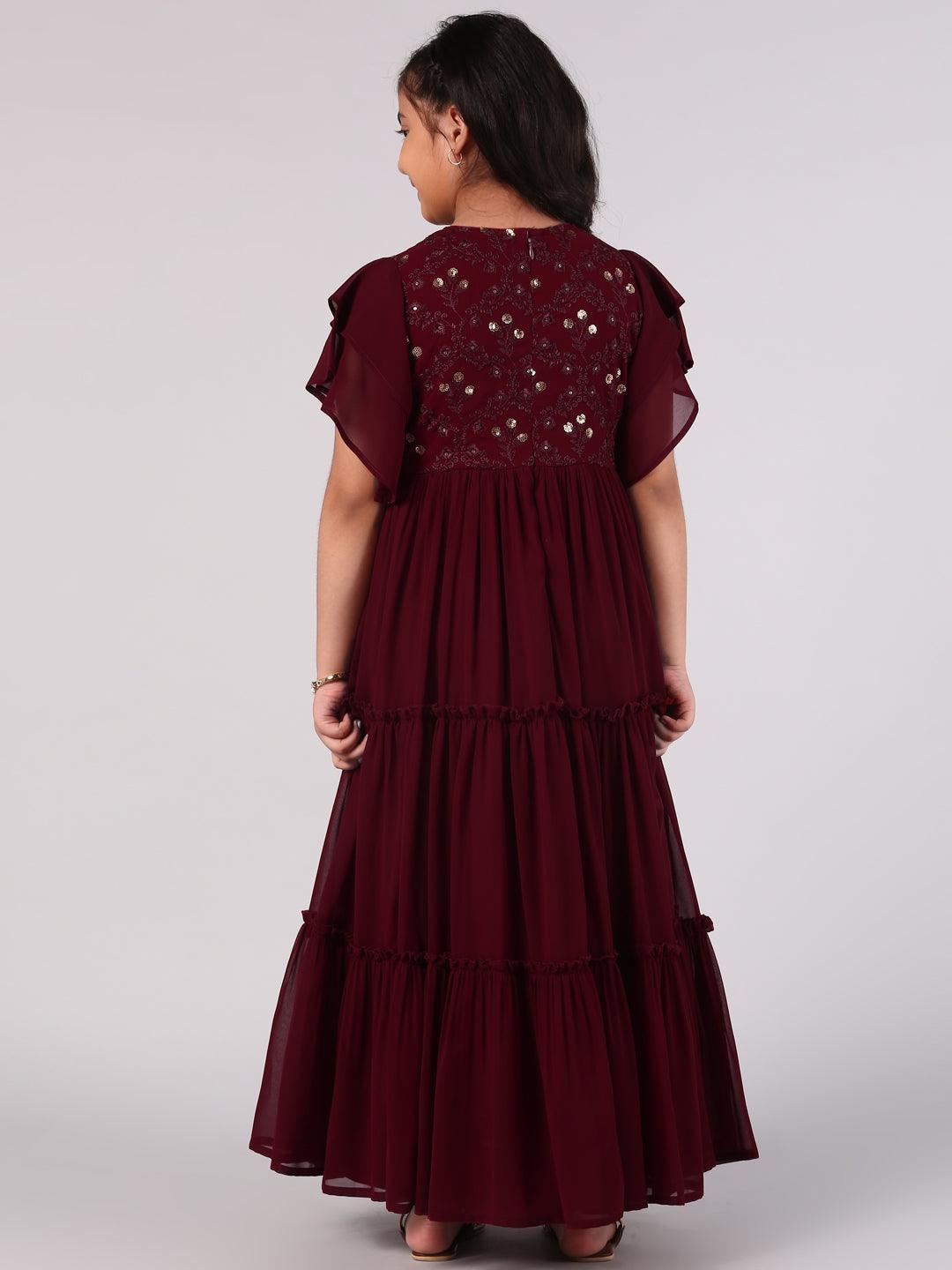 Kids Maroon Embellished Georgette Dress