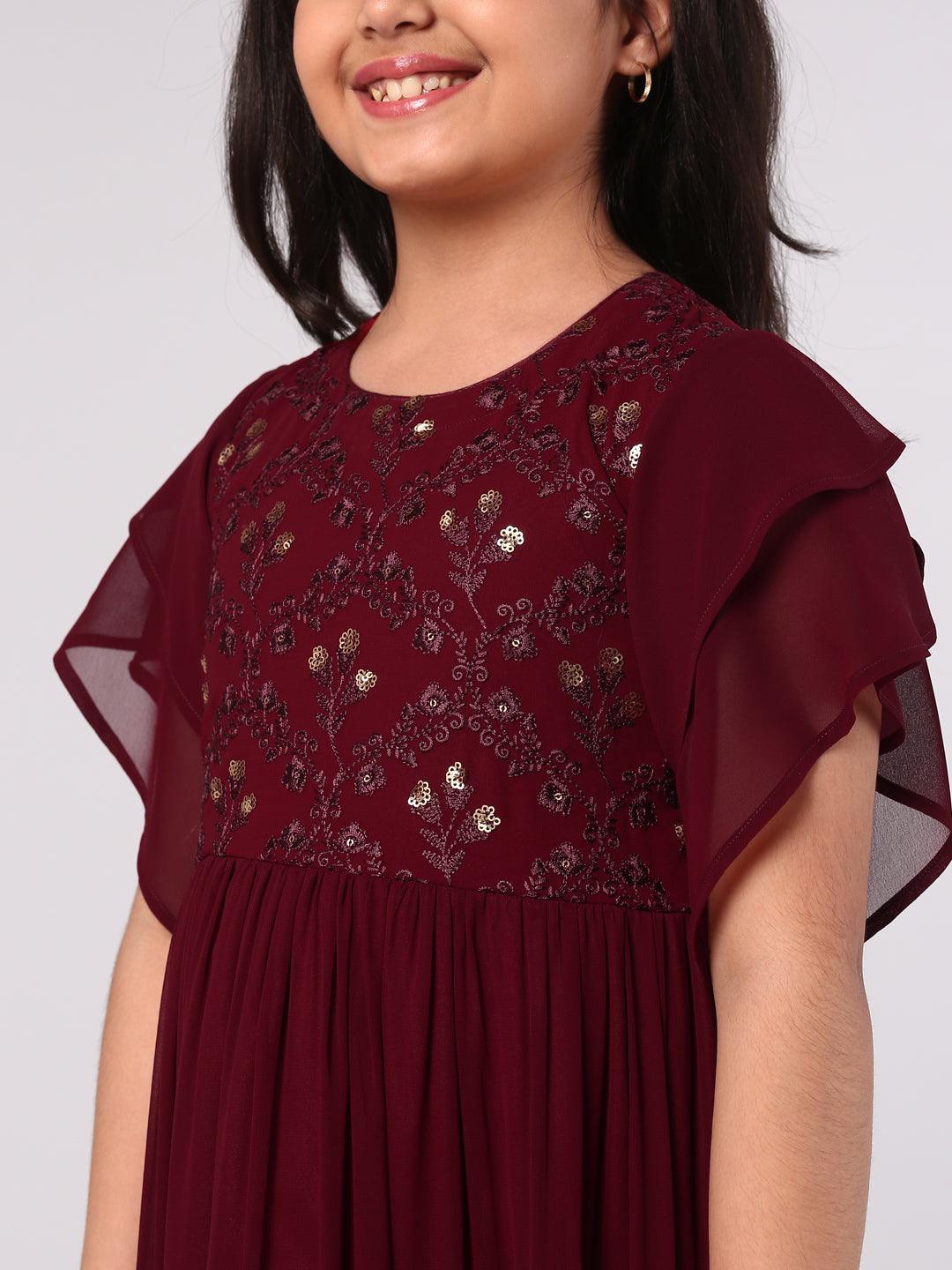 Kids Maroon Embellished Georgette Dress