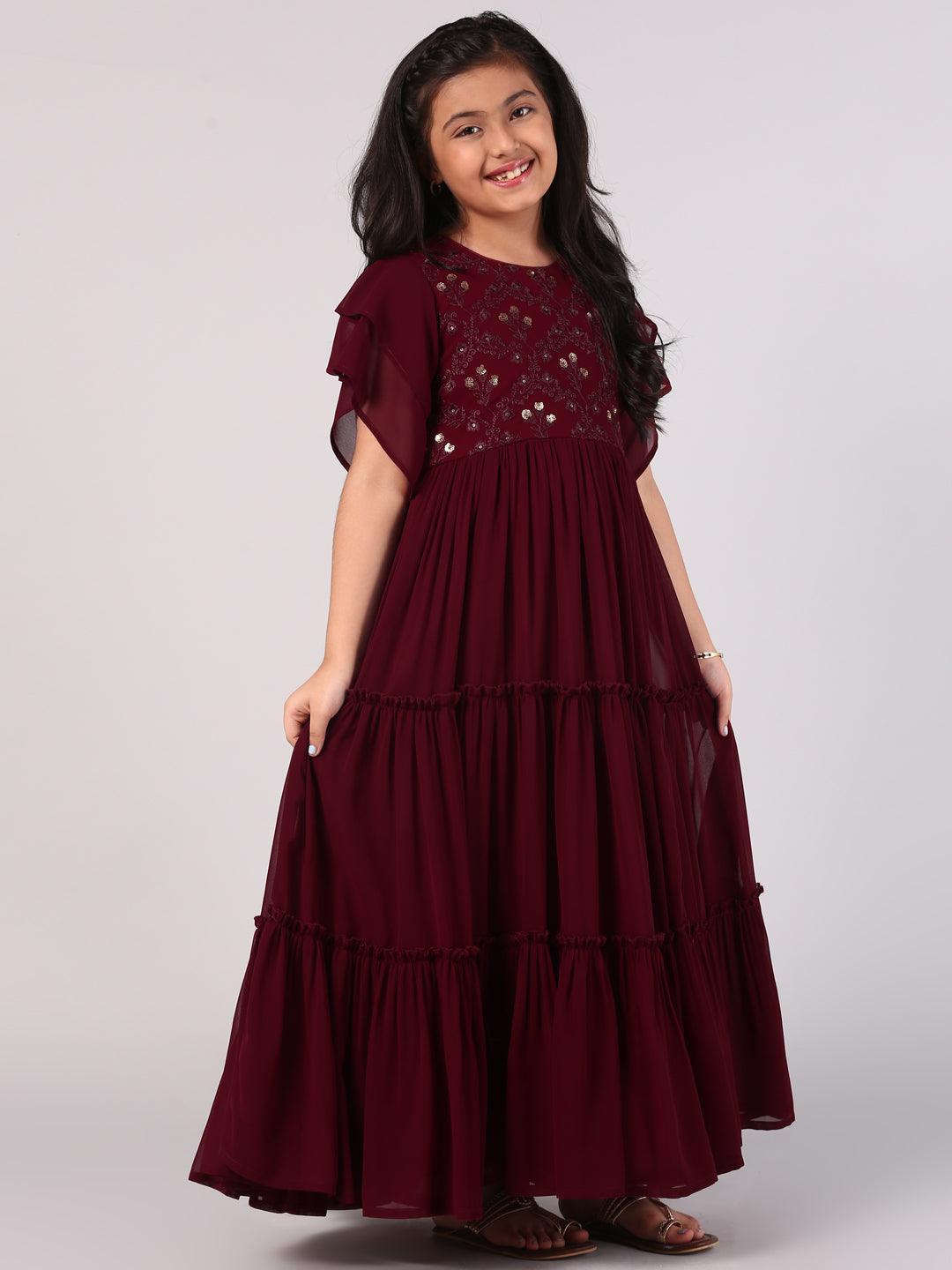 Kids Maroon Embellished Georgette Dress