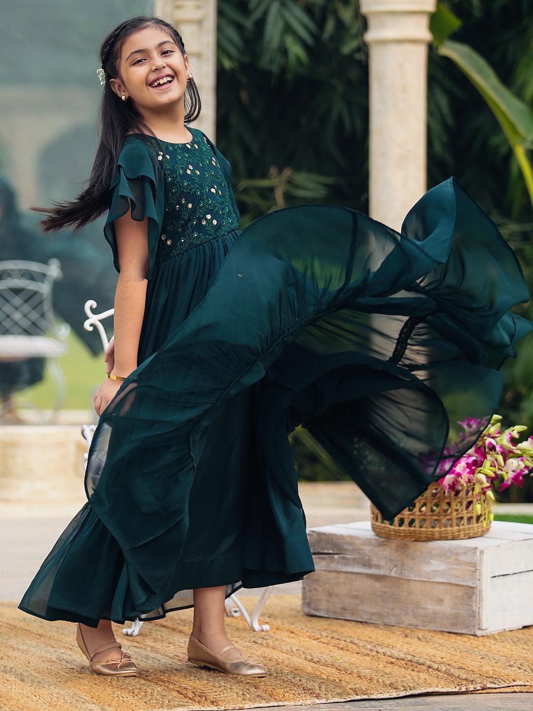 Kids Green Embellished Georgette Dress